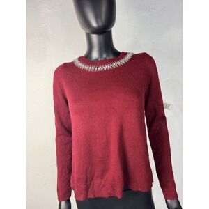 Hooked‎ up  Embellished Neck Long Sleeve Sweater Burgundy Red M